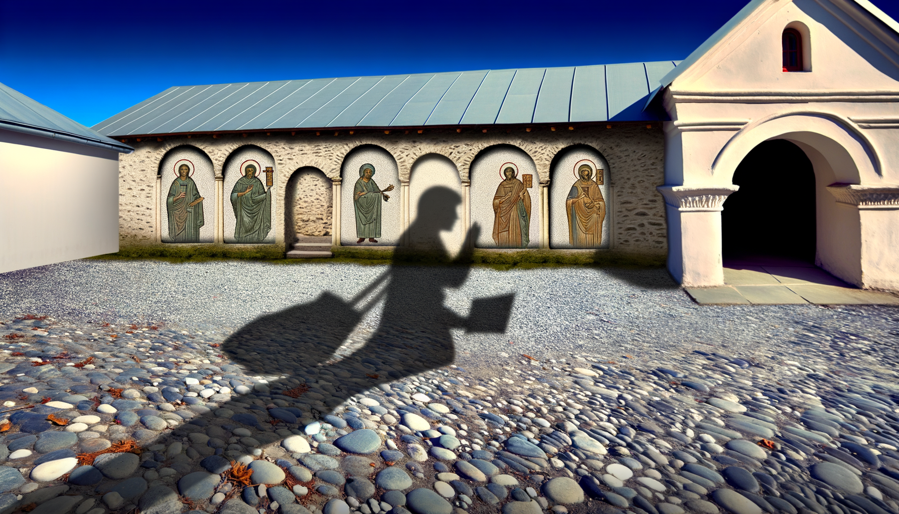 An image of a well-worn path through a historic church compound, with the shadows of traditional saints and theologians cast onto the path.