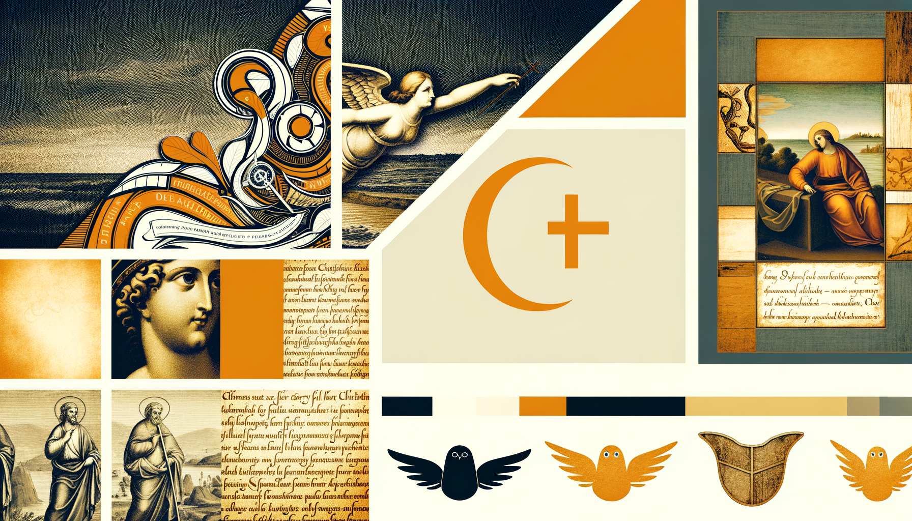 A collage featuring historical Christian imagery, quotes from saints, and modern-day cultural symbols.