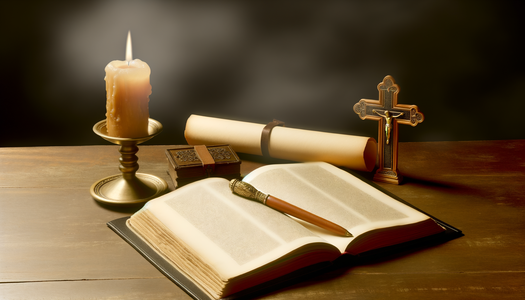 A serene image of an open book on a wooden desk, with a candle, a cross, and an aged scroll. The setting is suggestive of quiet, daily reflection and study.