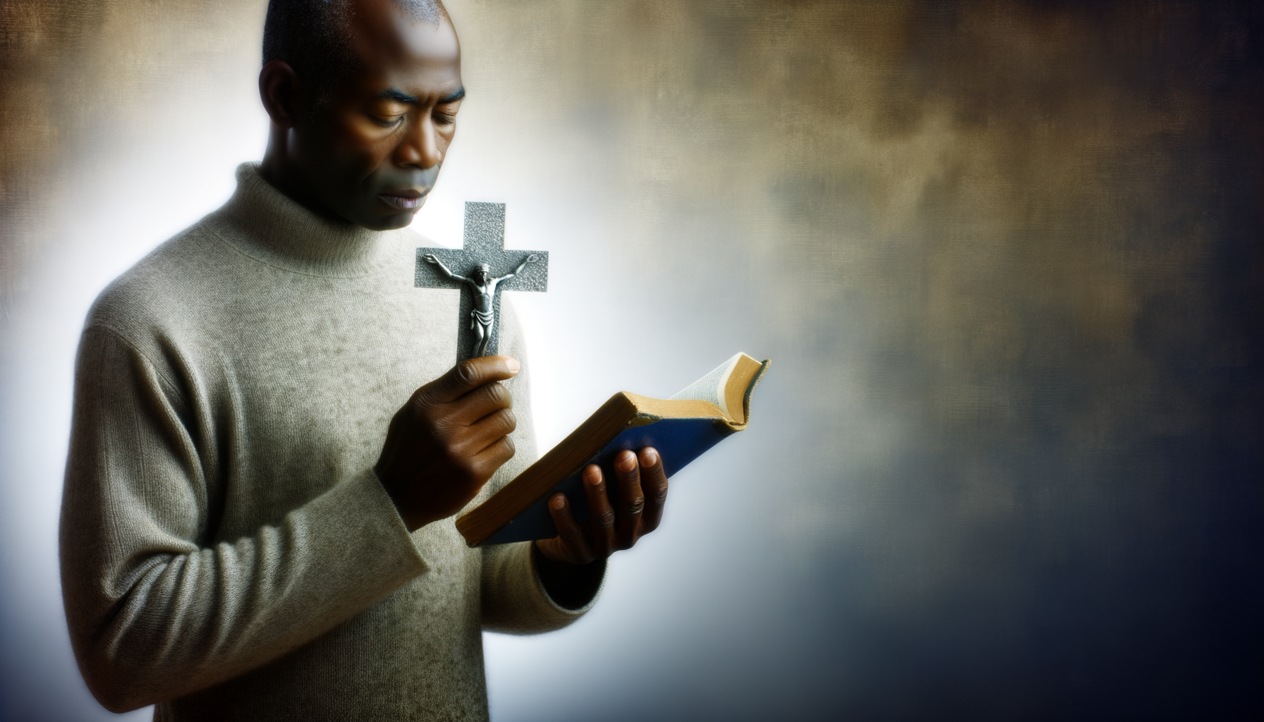 An image of a person in quiet reflection, perhaps holding a cross or a bible