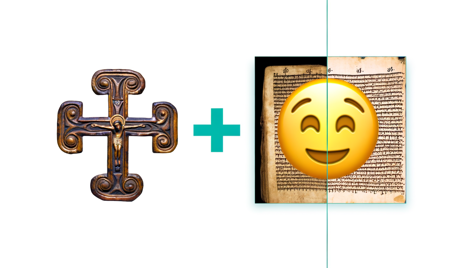 An image of a historical Christian artifact or manuscript juxtaposed with a contemporary cultural symbol