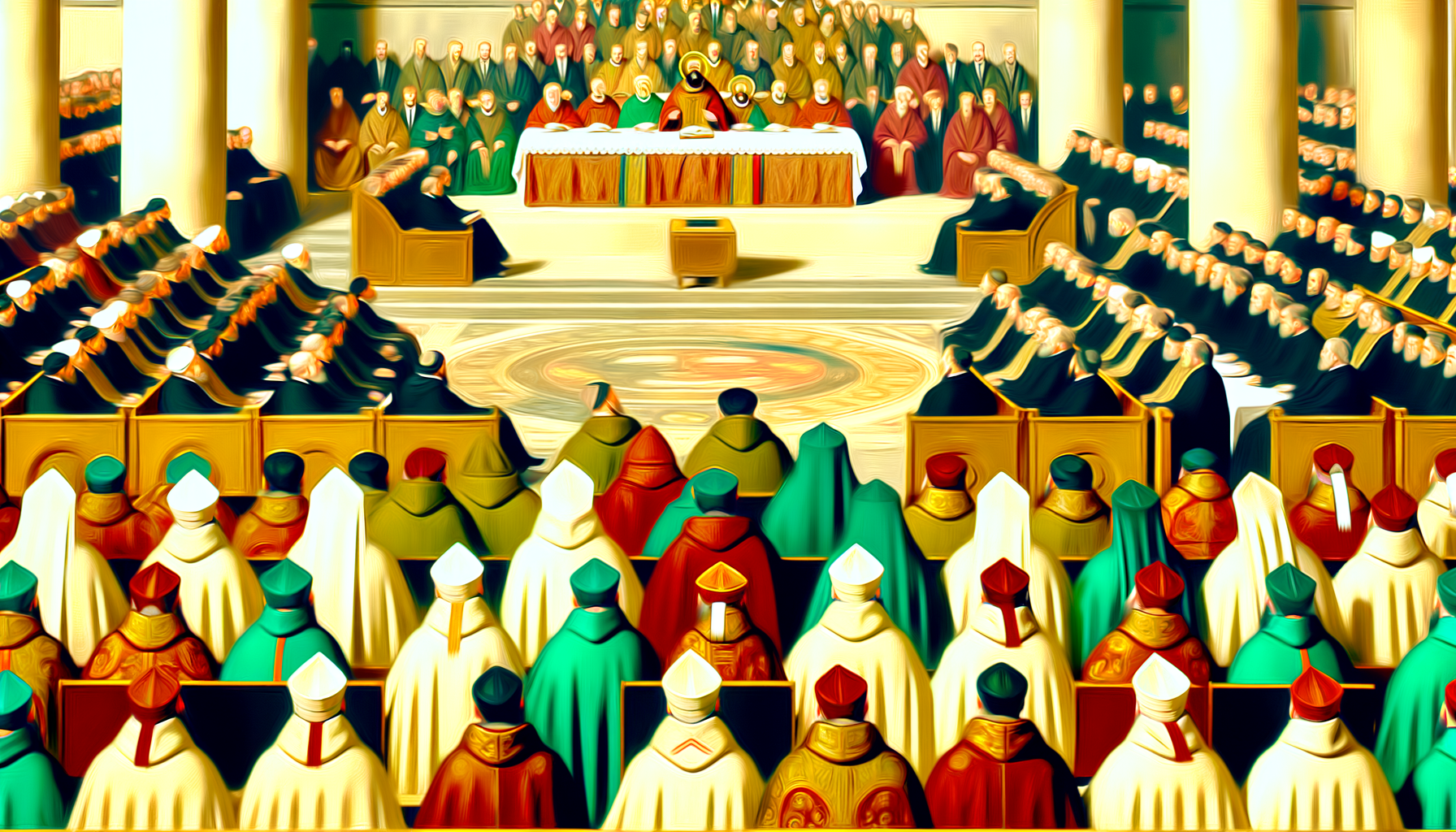 An image of the First Council of Nicaea depicting the assembly of bishops, with Emperor Constantine presiding over the council. Aim for a realistic depiction that captures the historical significance of the event.