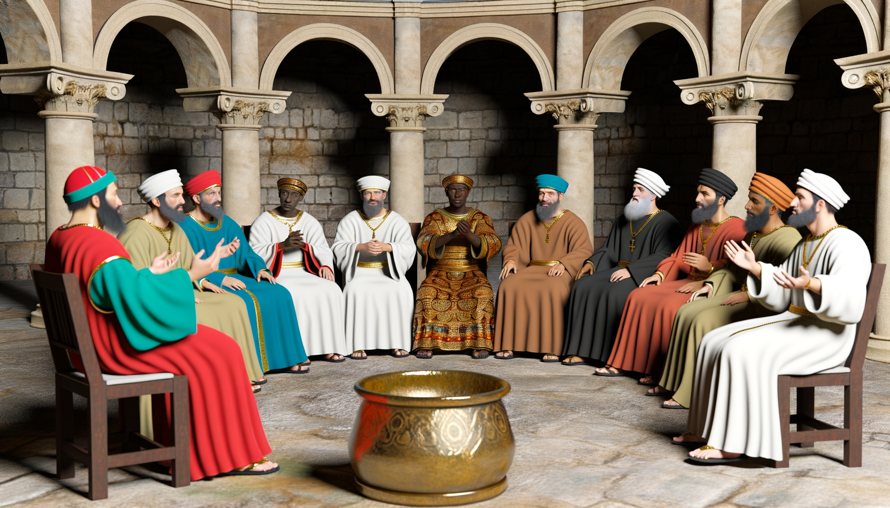 A realistic depiction of the First Council of Nicaea showing diverse bishops in discussion in an ancient Roman setting.