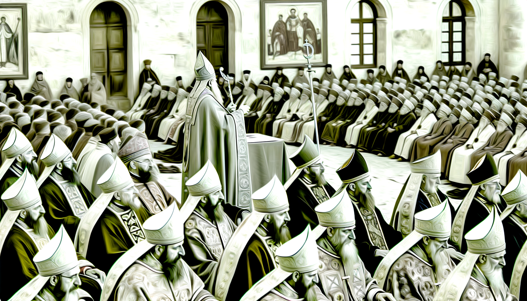 An image depicting the First Council of Nicaea. It should show a large gathering of bishops presided over by a prominent figure, possibly Emperor Constantine. The style should be realistic.