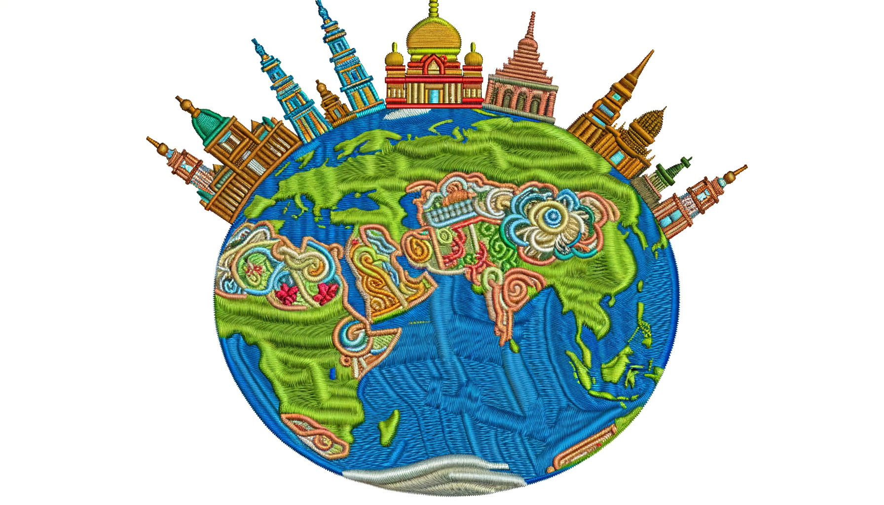 Illustration of the globe with iconic churches from around the world embroidered on the continents.