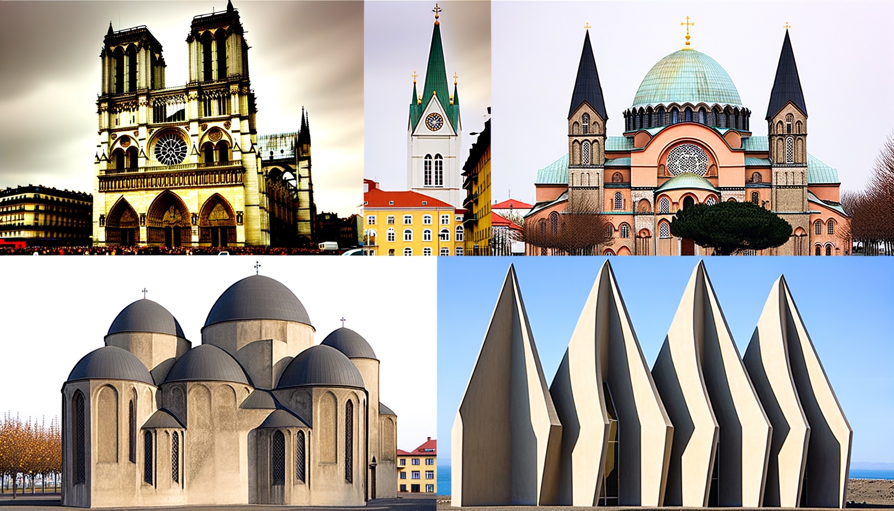 A collage displaying the exterior of the four featured churches: Notre-Dame de Paris, Hagia Sophia, Hallgrímskirkja, and St. George's Church. Each image should show the unique architectural features of the churches.