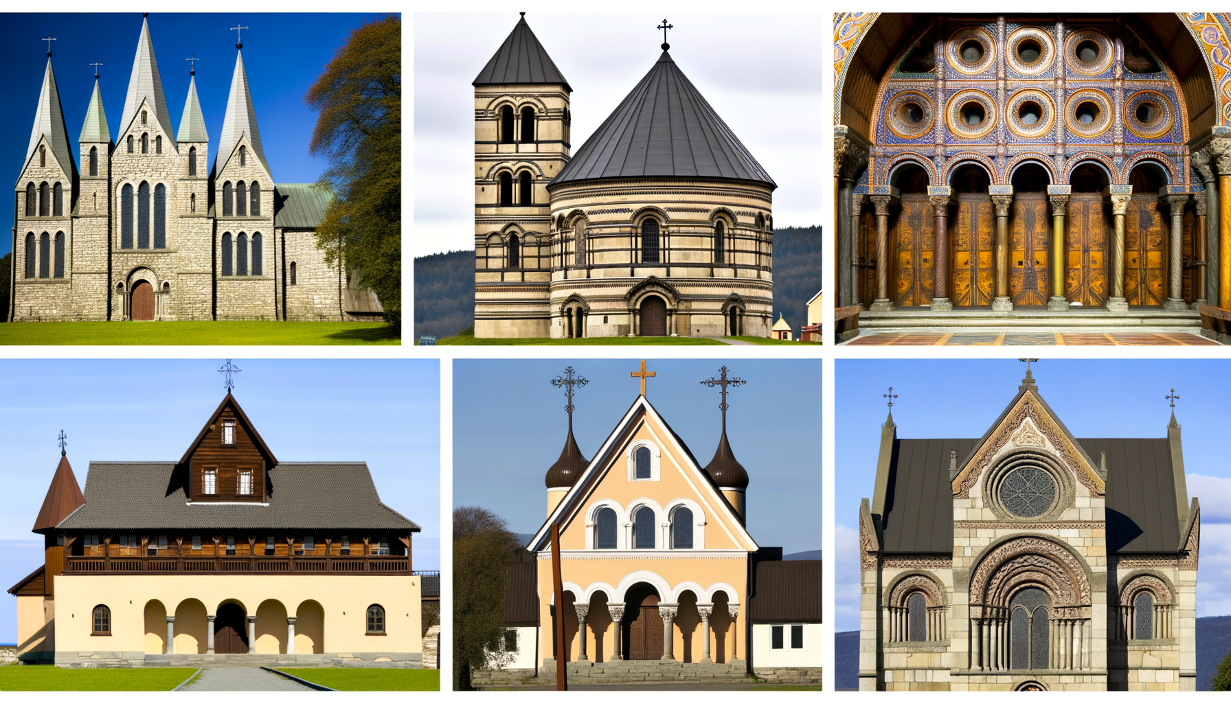 A collage showcasing the exterior view of the featured churches from various countries.