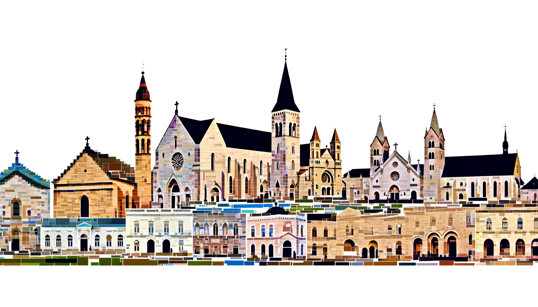 An illustration showcasing a collage of various iconic churches around the world, encompassing different architectural styles and periods.