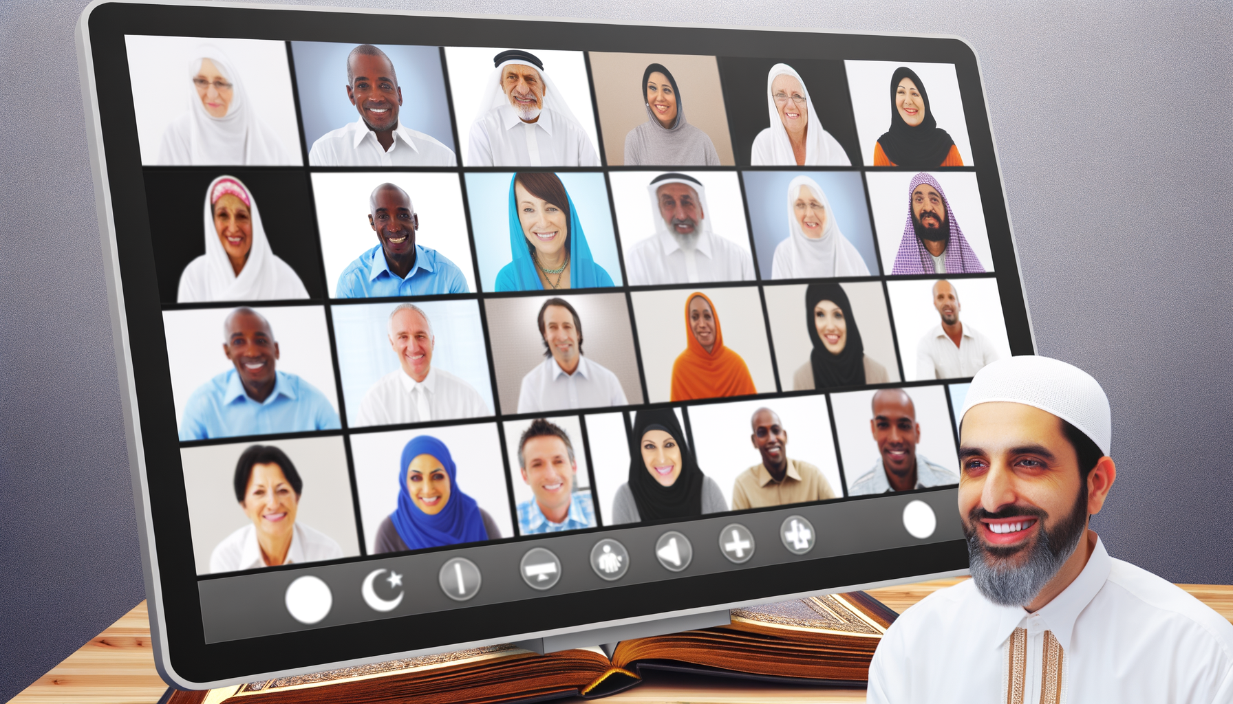 An image depicting a diverse group of people connecting online for a worship service, symbolizing the rise of online worship and interfaith dialogue.