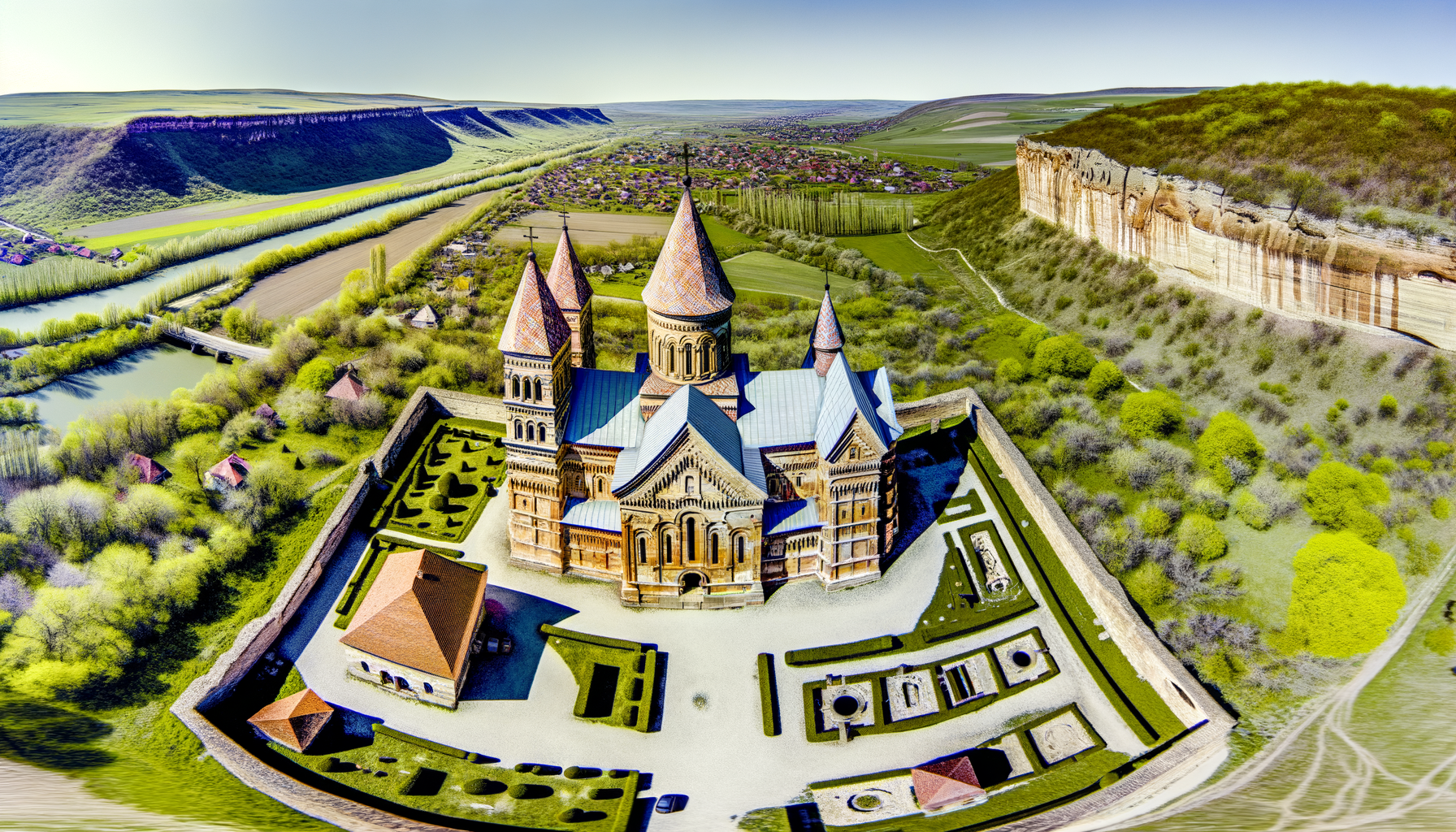 An aerial view of a majestic, historically significant church with intricate architecture, located in a captivating landscape.