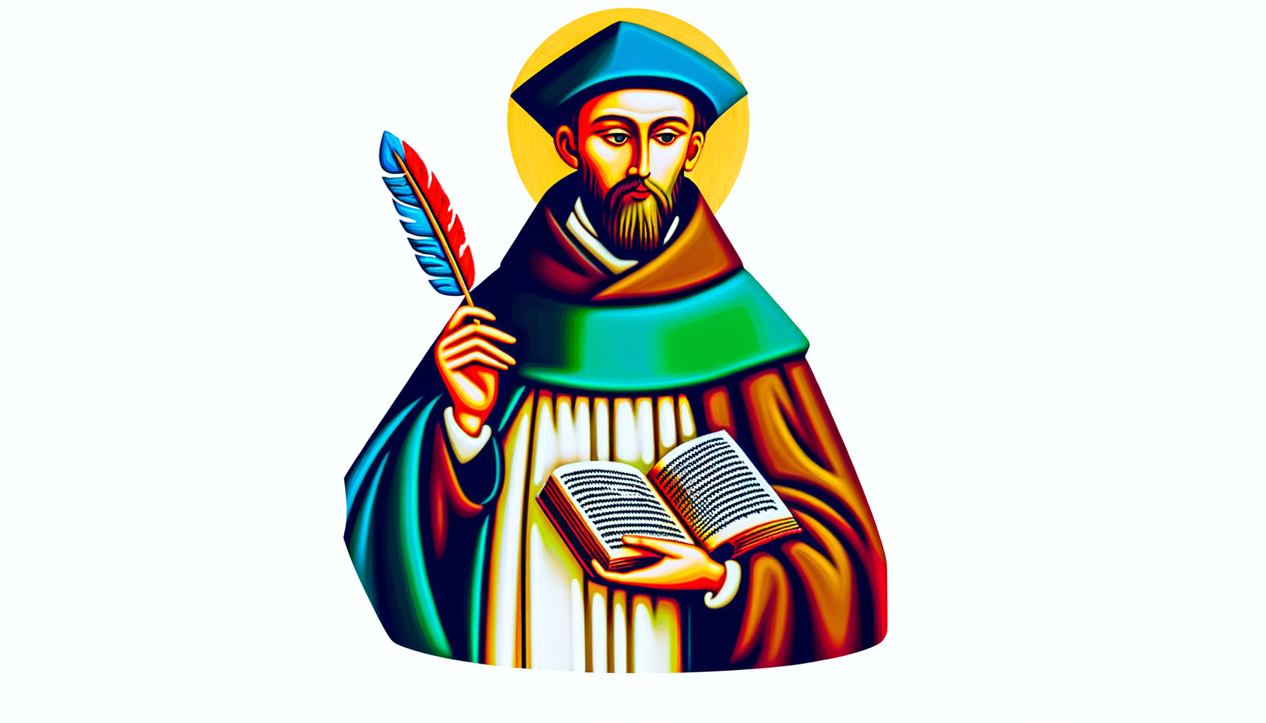 A stylized portrait of Saint Columba holding a book and a quill, symbolizing his contributions to Christian education and literature.