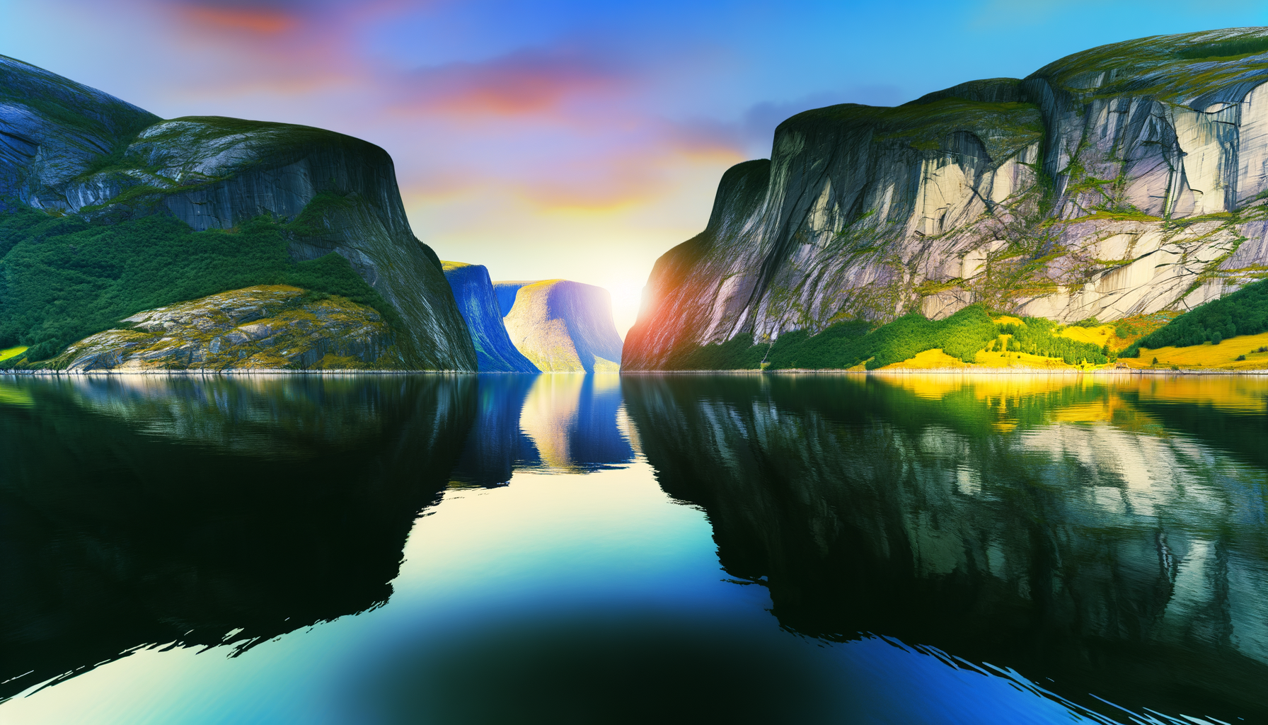 A panoramic view of a Norwegian fjord with towering cliffs, serene waters, and a vibrant sunset.