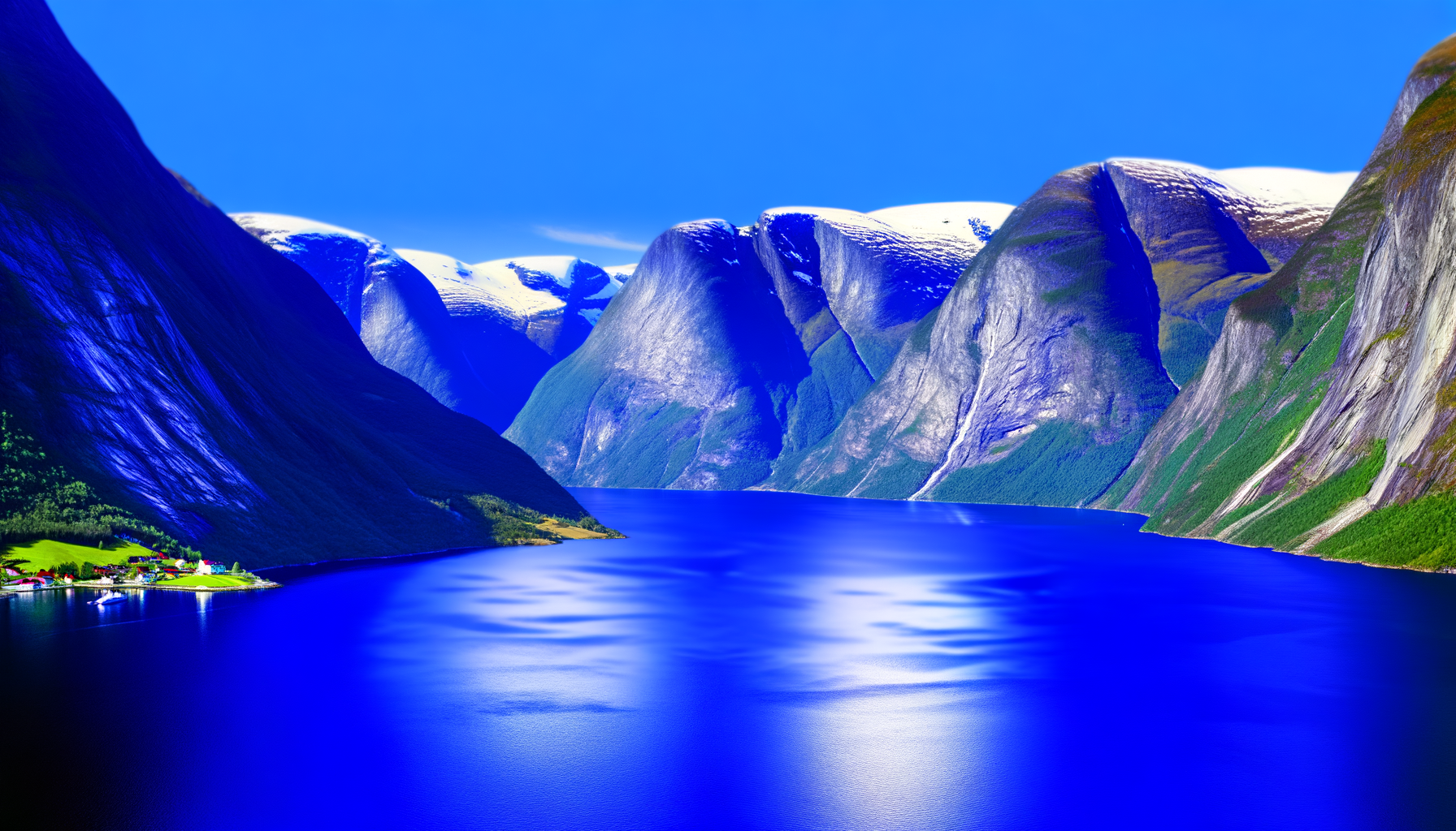 A panoramic view of a Norwegian fjord with sapphire waters nestled between towering, snow-capped mountains under a clear blue sky.