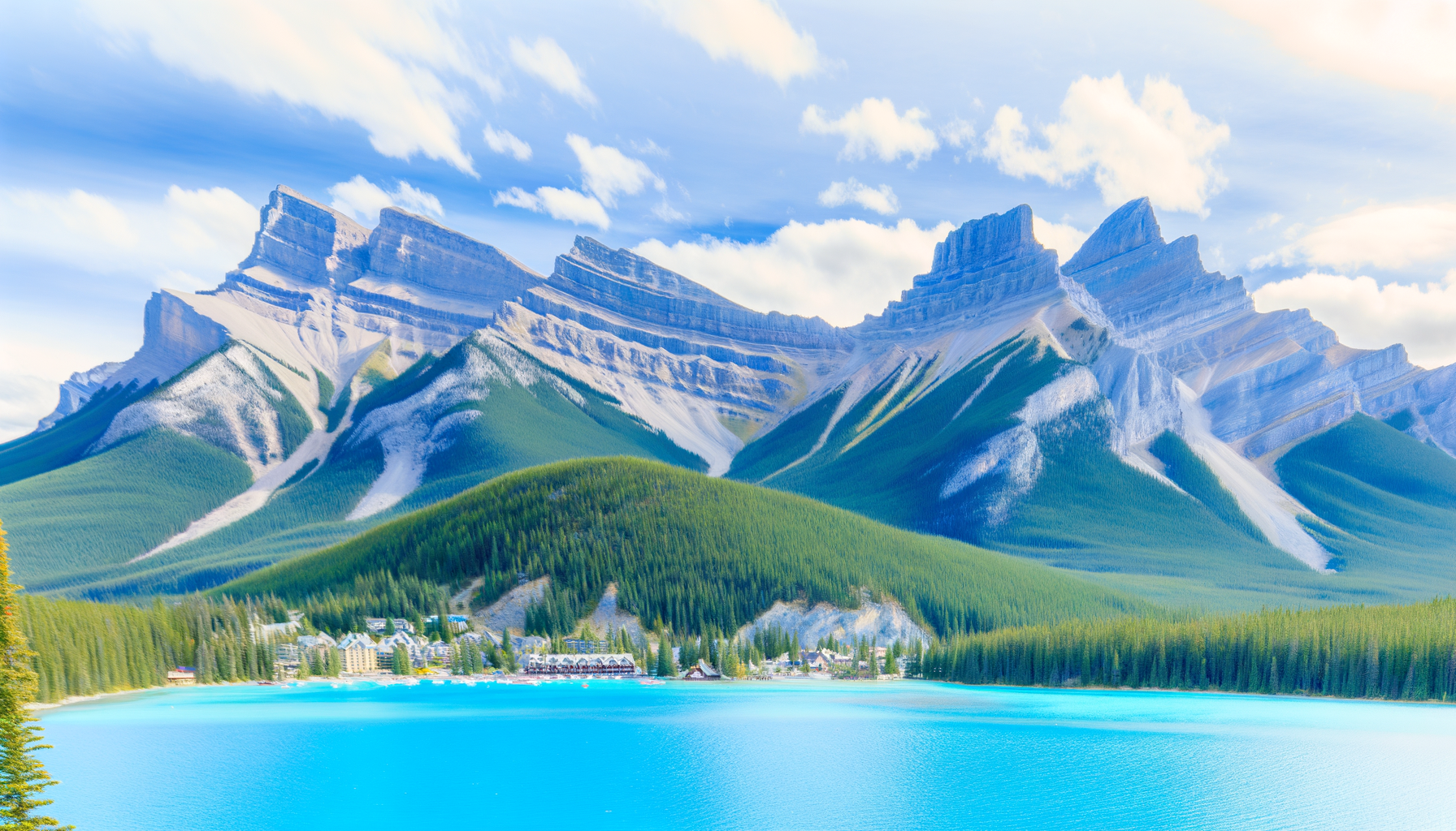 A panoramic view of Banff National Park capturing its turquoise lakes, towering peaks, and vibrant town.