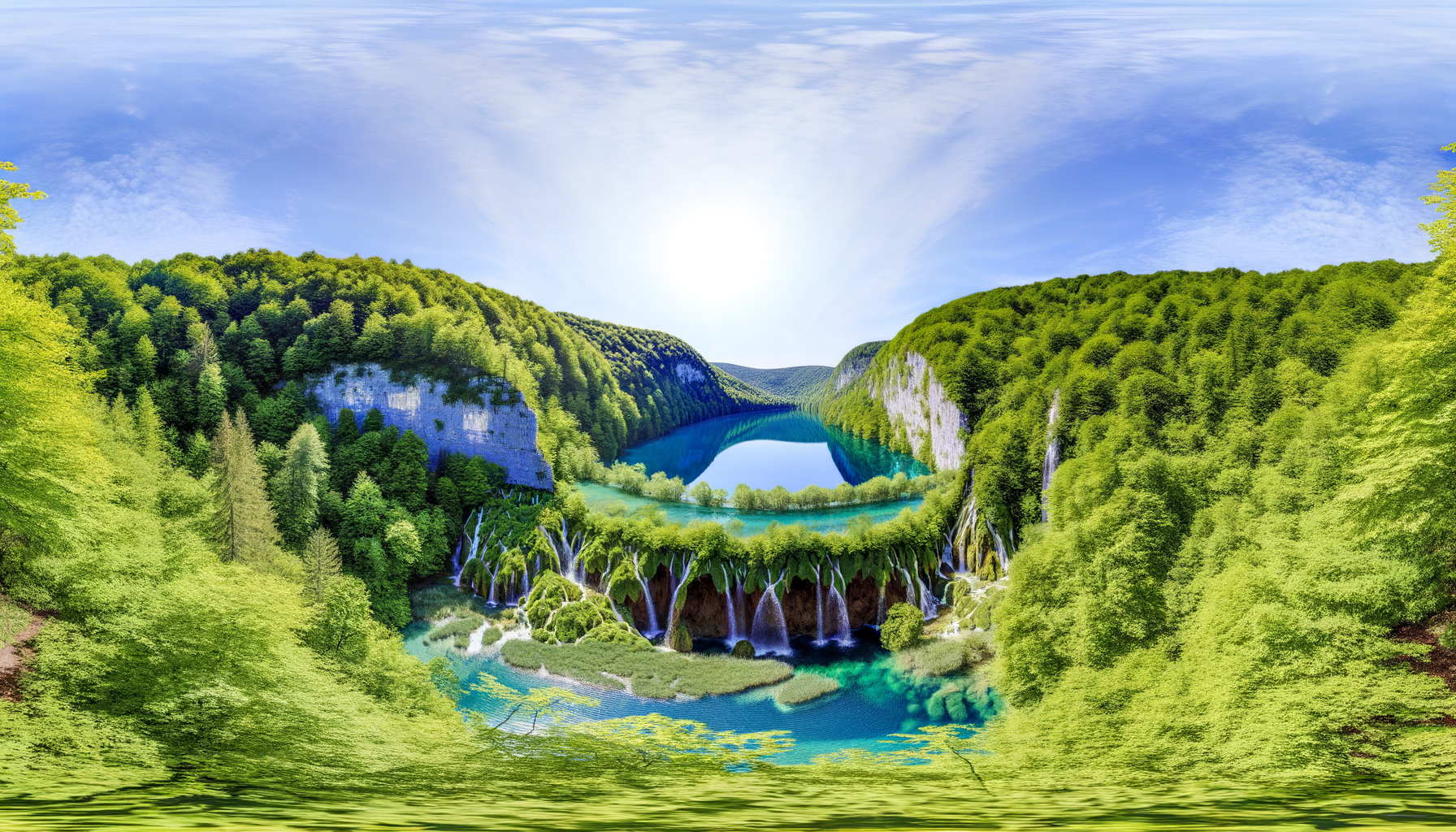 A panoramic view of the azure Plitvice Lakes, with waterfalls cascading down lush greenery. The image should convey the untouched beauty and tranquil atmosphere of the location.