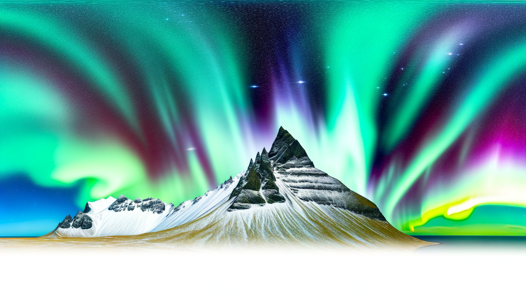 A panoramic view of Kirkjufell under the glow of the Northern Lights, showcasing the mountain's unique shape against the vibrant sky.