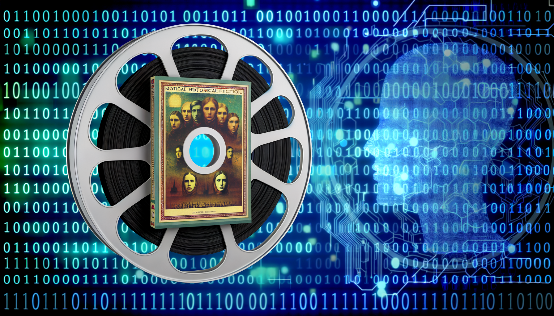 A realistic image featuring a film reel with the cover of 'The Alchemist' book superimposed on it, alongside AI elements such as code or circuits.