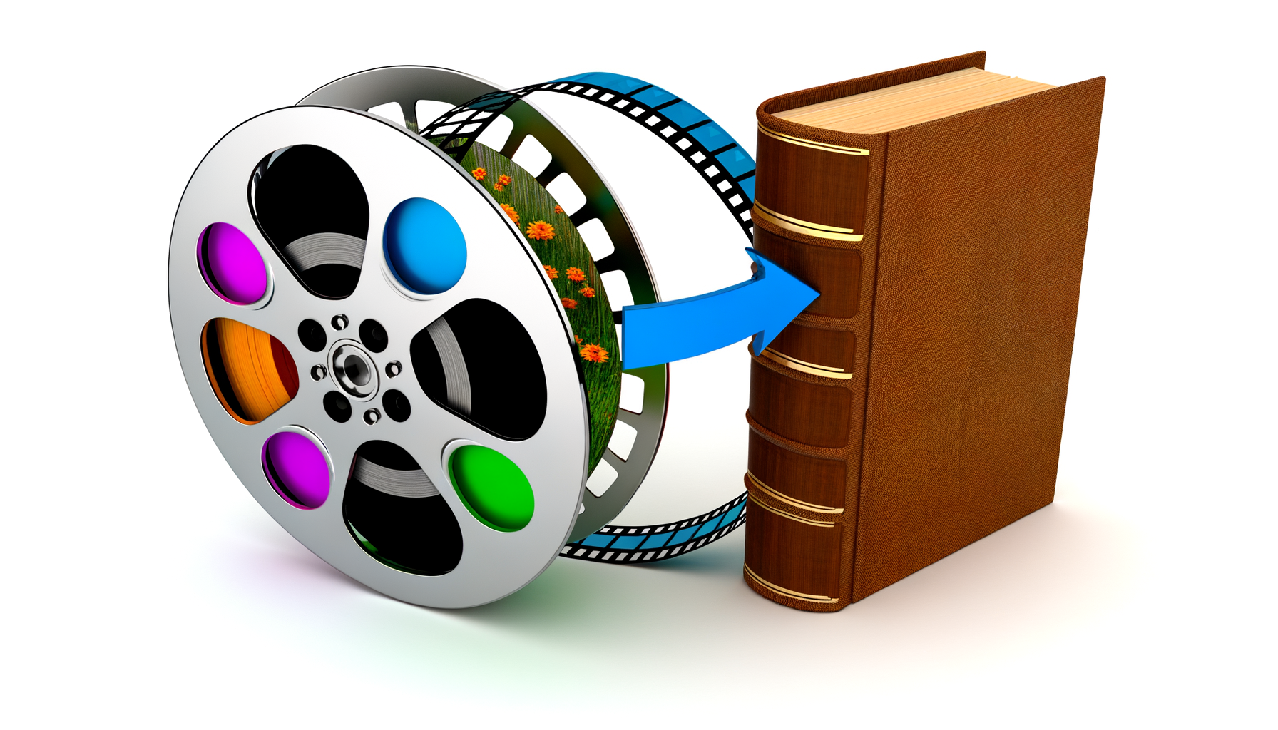 A creative representation of a film reel and a copy of 'The Shadow of the Wind', signifying the transformation of the book into a movie through AI.